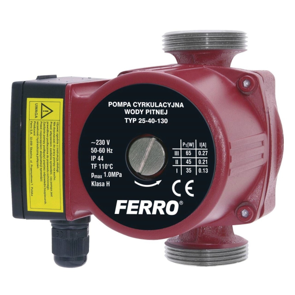 Pompa de circulatie Ferro 24-40/130, 65 W, Q max. 3.5 mc/h, PN 10, 230 V
