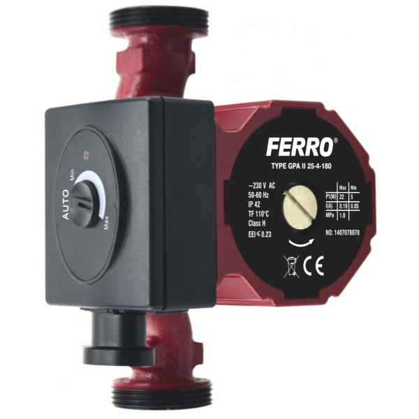 Pompa de circulatie Ferro clasa A GPA II 25-40/180, 22 W, Q max. 2.4 mc/h, PN10, 230V
