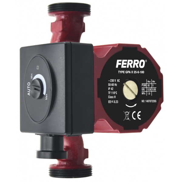 Pompa de circulatie Ferro clasa A GPA II 25-60/180, 45 W, Q max. 3 mc/h, PN10, 230V