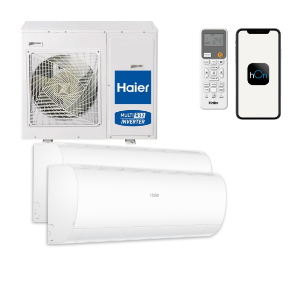 Aparat aer conditionat multisplit, Haier Pearl, 1 x UE 29000 BTU, 2 x UI 18000 BTU, A++/A+, R32, inverter, Wi-Fi, filtru aer, sterilizare UV, functie incalzire, dezumidificare, mod turbo, mod eco, alb