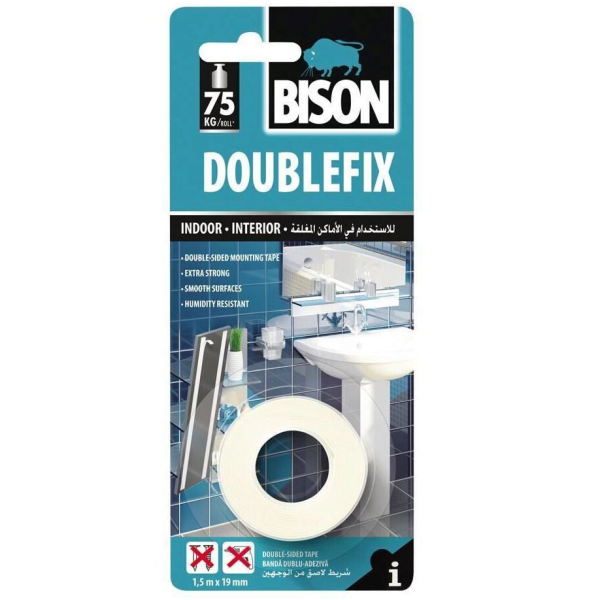 Banda dublu adeziva, Bison, 1.5 m x 19 mm
