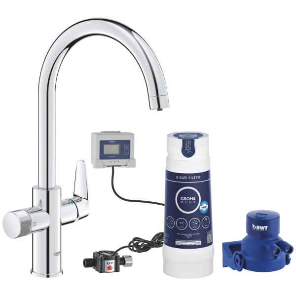 Baterie bucatarie cu filtru, Grohe Blue Pure BauCurve 30581000, dubla comanda, pipa inalta, tip C, filtrare apa, cartus ceramic, pivotanta, finisaj cromat