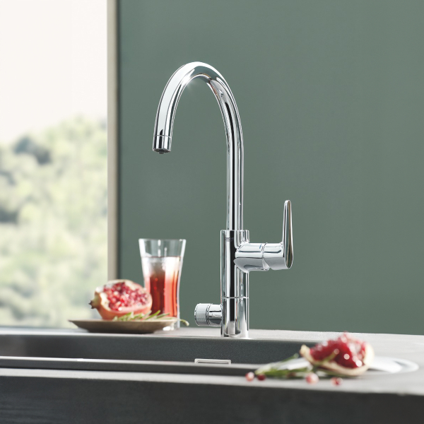 Baterie bucatarie, pipa inalta, Grohe Blue Pure Baucurve 30385000 + kit starter filtrare apa