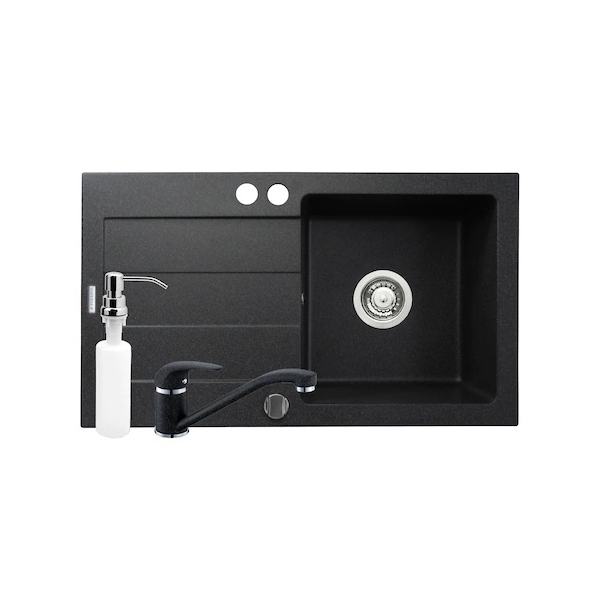 Chiuveta bucatarie Pyramis Cristal cu baterie si dozator pentru detergent lichid, finisaj pyragranite black, cuva pe dreapta, 76 x 44 cm