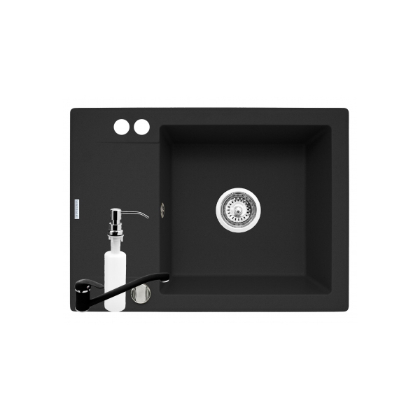 Chiuveta bucatarie Pyramis Cristal Mini cu baterie si dozator pentru detergent lichid, finisaj pyragranite black, cuva pe dreapta, 62 x 46 cm