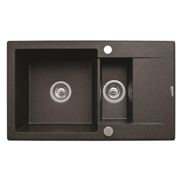 Chiuveta bucatarie Pyramis Korfu, finisaj pyragranite black, cuva mare + mica, reversibila, 79 x 50 cm