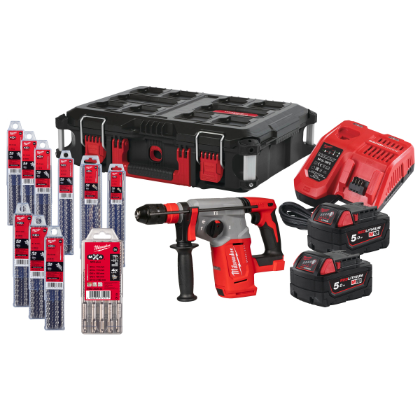Ciocan rotopercutor, cu 4 functii, motor fara perii, Milwaukee 4933498243, cu 2 acumulatori, 18 V, 5 Ah + accesorii
