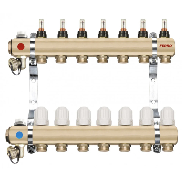Distribuitor incalzire pardoseala, cu debitmetre, Ferro RZP07S, alama, filet interior, 7 cai, 1"
