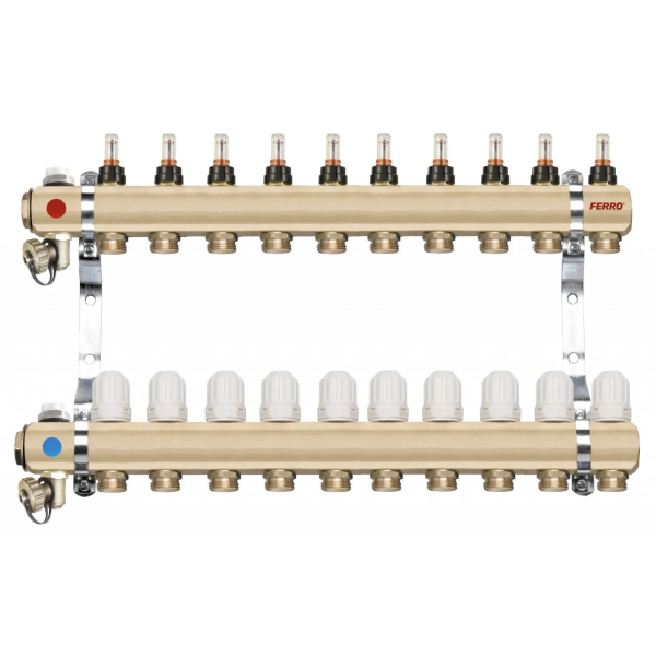 Distribuitor incalzire pardoseala, cu debitmetre, Ferro RZP10S, alama, filet interior, 10 cai, 1"
