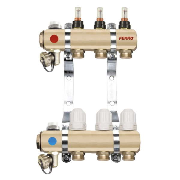 Distribuitor incalzire pardoseala, cu debitmetre, Ferro RZP03S, alama, filet interior, 3 cai, 1"