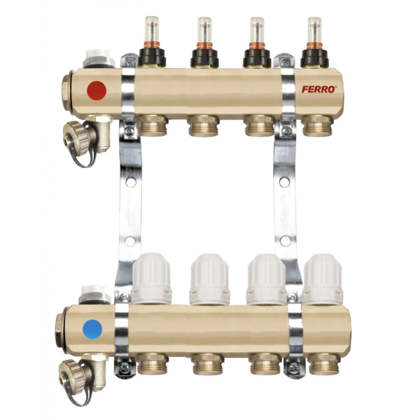 Distribuitor incalzire pardoseala, cu debitmetre, Ferro RZP04S, alama, filet interior, 4 cai, 1"