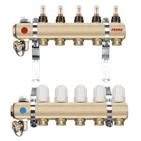 Distribuitor incalzire pardoseala, cu debitmetre, Ferro RZP05S, alama, filet interior, 5 cai, 1"