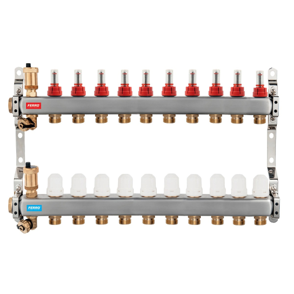 Distribuitor incalzire pardoseala, cu debitmetre, Ferro SN-RZPU10S, inox, filet interior, 10 cai, 1"
