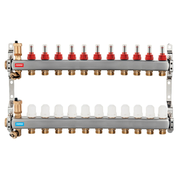 Distribuitor incalzire pardoseala, cu debitmetre, Ferro SN-RZPU11S, inox, filet interior, 11 cai, 1"