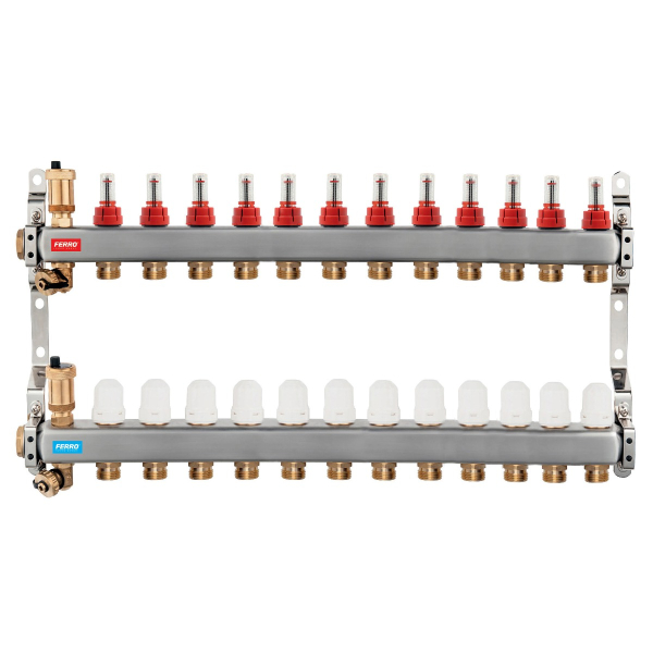 Distribuitor incalzire pardoseala, cu debitmetre, Ferro SN-RZPU12S, inox, filet interior, 12 cai, 1"