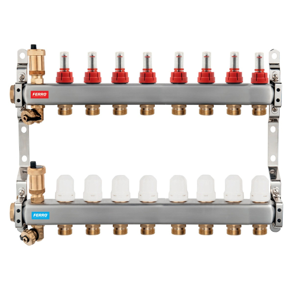 Distribuitor incalzire pardoseala, cu debitmetre, Ferro SN-RZPU08S, inox, filet interior, 8 cai, 1"