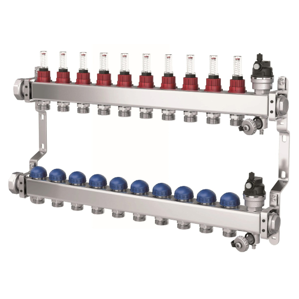 Colector distribuitor din inox Purmo, cu debitmetre, 1" 10 iesiri, 3/4" eurocon, fbwmsst1040142p0