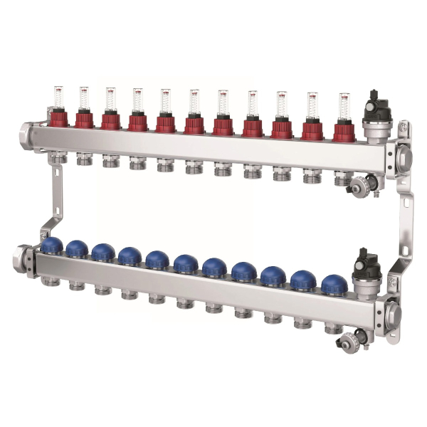 Colector distribuitor din inox Purmo, cu debitmetre, 1" 11 iesiri, 3/4" eurocon, fbwmsst1140142p0