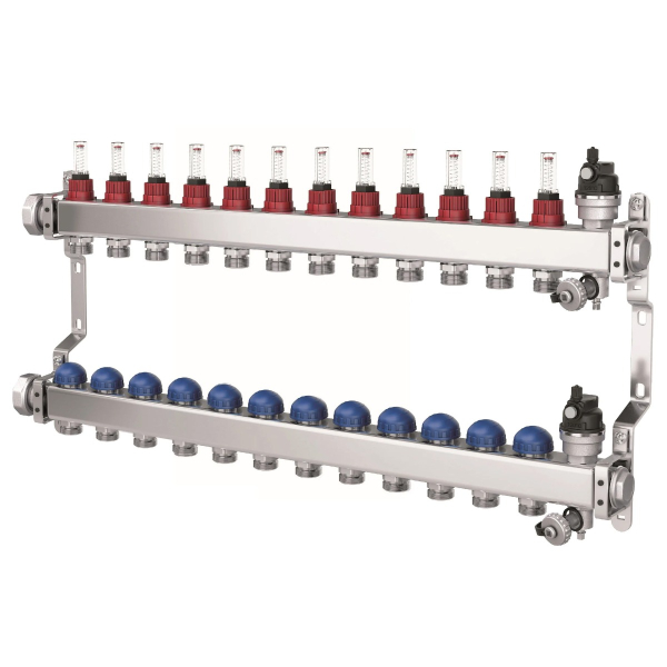 Colector distribuitor din inox Purmo, cu debitmetre, 1" 12 iesiri, 3/4" eurocon, fbwmsst1240142p0