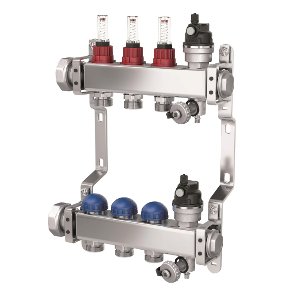 Colector distribuitor din inox Purmo, cu debitmetre, 1" 3 iesiri, 3/4" eurocon, fbwmsst0340142p0