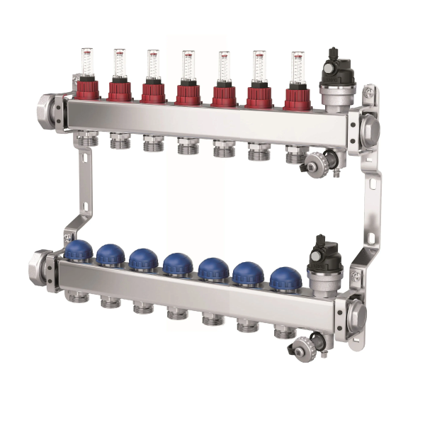 Distribuitor incalzire pardoseala, cu debitmetre, Purmo DC Premium, inox, filet interior, 7 cai, 1"
