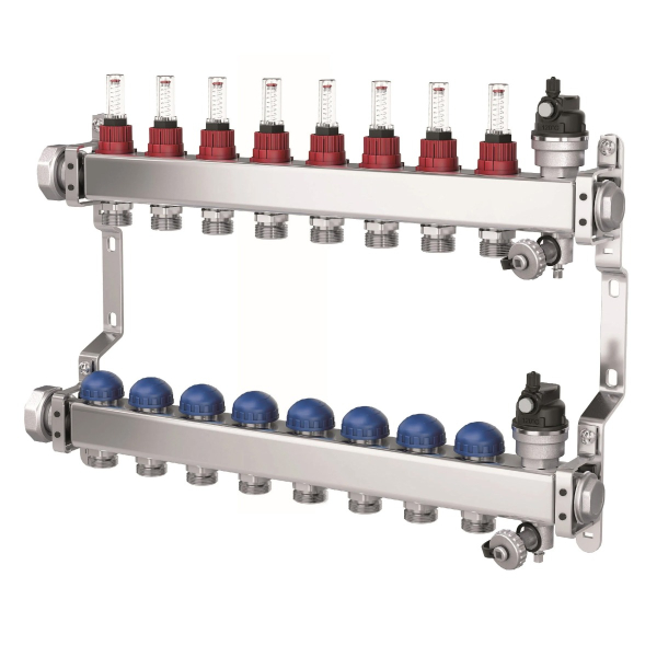 Colector distribuitor din inox Purmo, cu debitmetre, 1" 8 iesiri, 3/4" eurocon, fbwmsst0840142p0