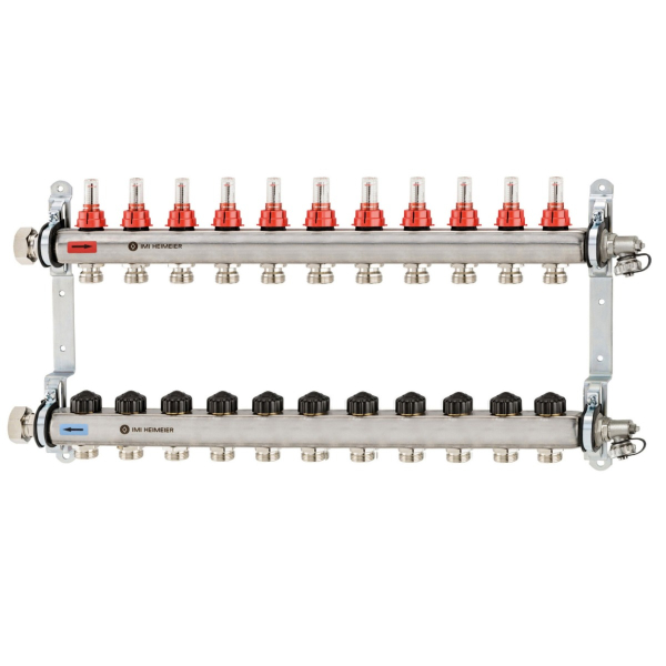 Distribuitor incalzire pardoseala, cu debitmetre, Heimeier Dynalux, otel, filet interior, 11 cai, 1"