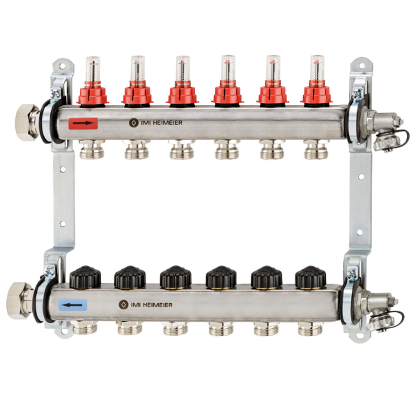 Distribuitor incalzire pardoseala, cu debitmetre, Heimeier Dynalux, otel, filet interior, 6 cai, 1"