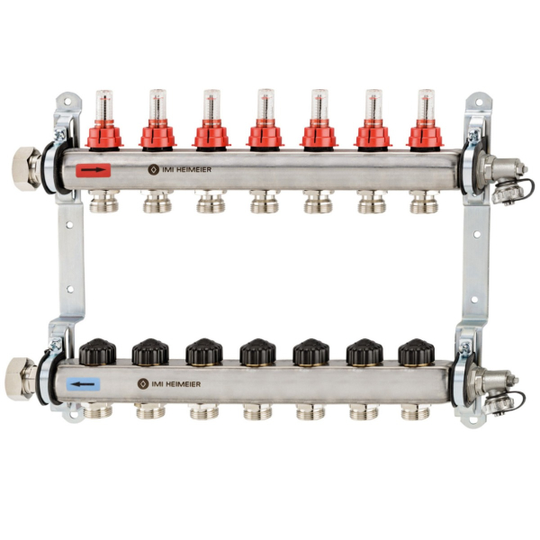 Distribuitor incalzire pardoseala, cu debitmetre, Heimeier Dynalux, otel, filet interior, 7 cai, 1"