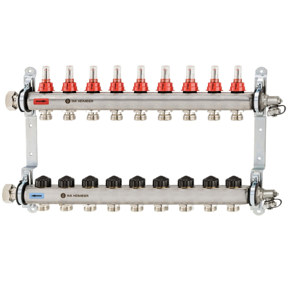 Distribuitor incalzire pardoseala, cu debitmetre, Heimeier Dynalux, otel, filet interior, 9 cai, 1"
