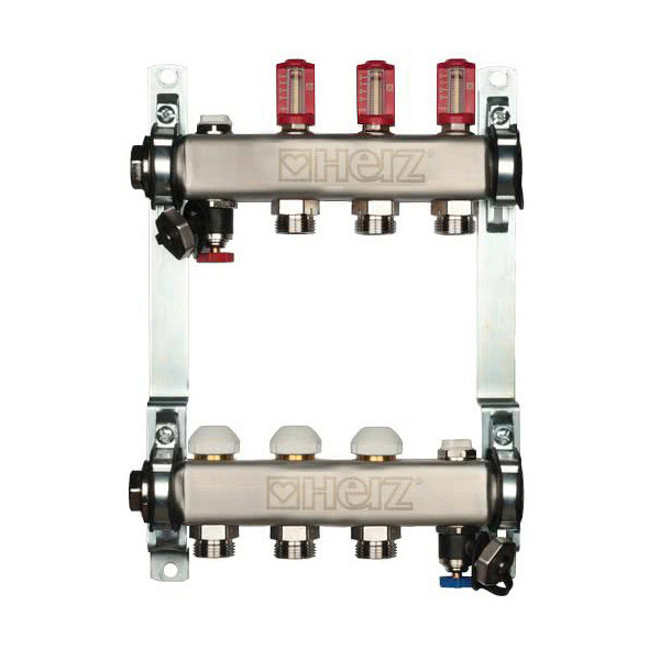 Distribuitor incalzire pardoseala, cu debitmetre, Herz 1546303, inox, filet interior, 3 cai, 1"