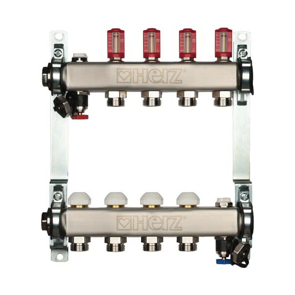 Distribuitor incalzire pardoseala, cu debitmetre, Herz 1546304, inox, filet interior, 4 cai, 1"