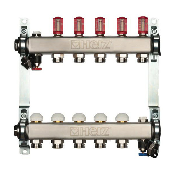 Distribuitor incalzire pardoseala, cu debitmetre, Herz 1546305, inox, filet interior, 5 cai, 1"