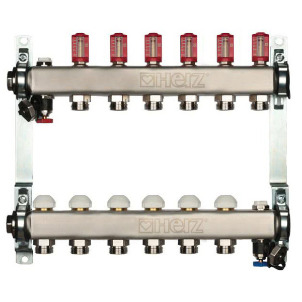 Distribuitor incalzire pardoseala, cu debitmetre, Herz 1546306, inox, filet interior, 6 cai, 1"
