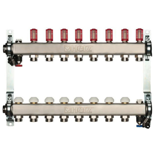 Distribuitor incalzire pardoseala, cu debitmetre, Herz 1546308, inox, filet interior, 8 cai, 1"