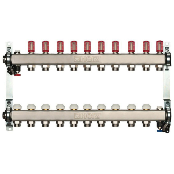 Distribuitor incalzire pardoseala, cu debitmetre, Herz 1546310, inox, filet interior, 10 cai, 1"