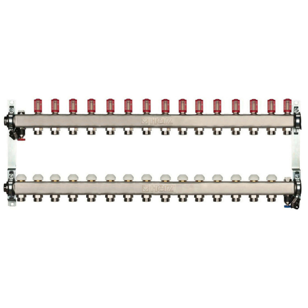 Distribuitor incalzire pardoseala, cu debitmetre, Herz 1546315, inox, filet interior, 15 cai, 1"