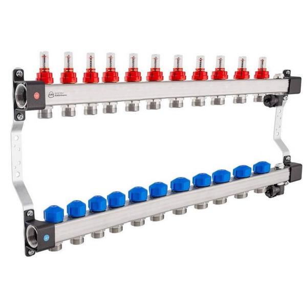 Distribuitor incalzire pardoseala, cu debitmetre, Kan-therm InoxFlow, inox, filet interior, 11 cai, 1"