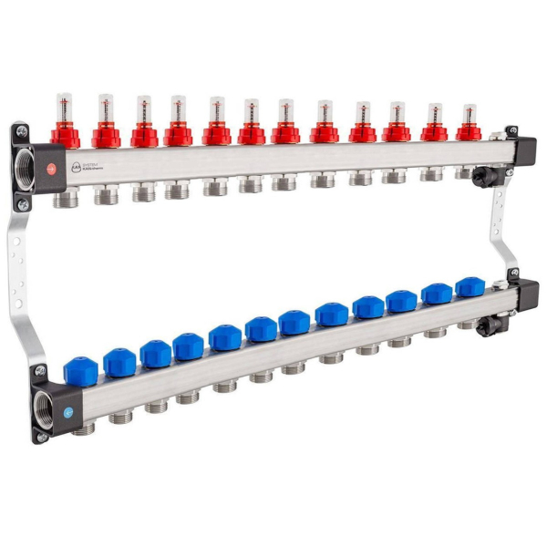 Distribuitor incalzire pardoseala, cu debitmetre, Kan-therm InoxFlow, inox, filet interior, 12 cai, 1"