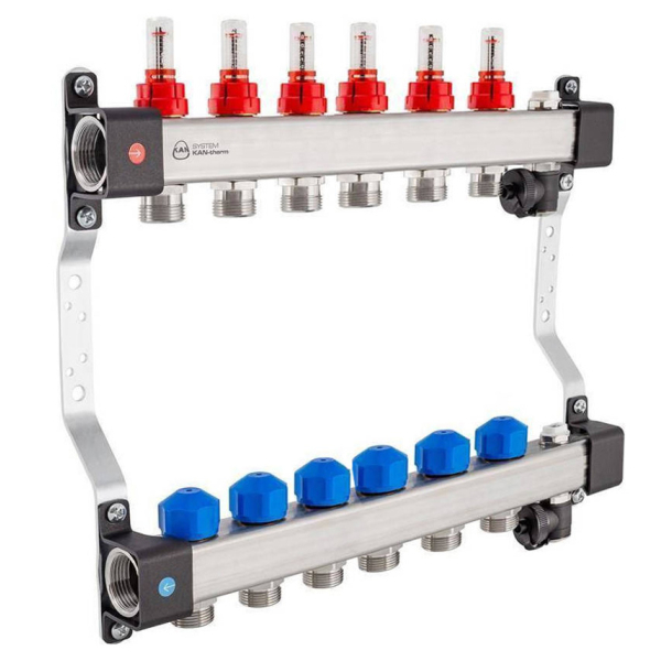 Distribuitor incalzire pardoseala, cu debitmetre, Kan-therm InoxFlow, inox, filet interior, 6 cai, 1"