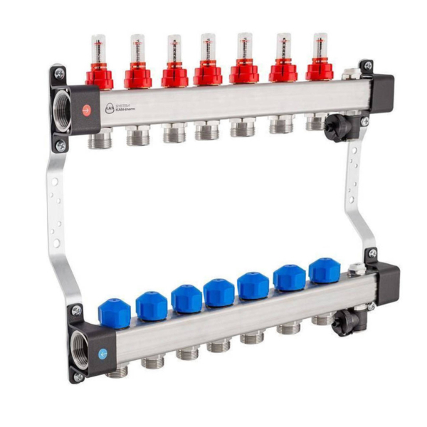 Distribuitor incalzire pardoseala, cu debitmetre, Kan-therm InoxFlow, inox, filet interior, 7 cai, 1"