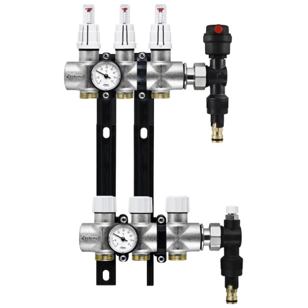 Distribuitor incalzire pardoseala, cu debitmetre, Rbm 2029.06.10, alama, filet interior, 3 cai, 1"
