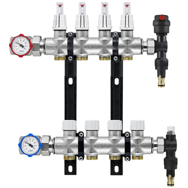 Distribuitor incalzire pardoseala, cu debitmetre, Rbm 2030.06.20, alama, filet interior, 4 cai, 1"