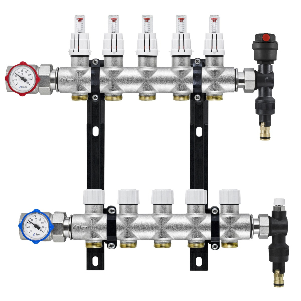 Distribuitor incalzire pardoseala, cu debitmetre, Rbm 2031.06.20, alama, filet interior, 5 cai, 1"