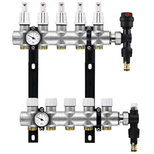 Distribuitor incalzire pardoseala, cu debitmetre, Rbm 2031.06.10, alama, filet interior, 5 cai, 1"
