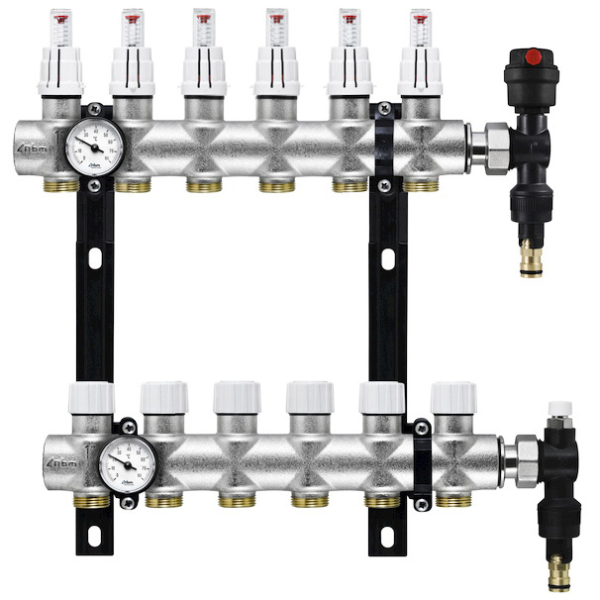 Distribuitor incalzire pardoseala, cu debitmetre, Rbm 2032.06.10, alama, filet interior, 6 cai, 1"