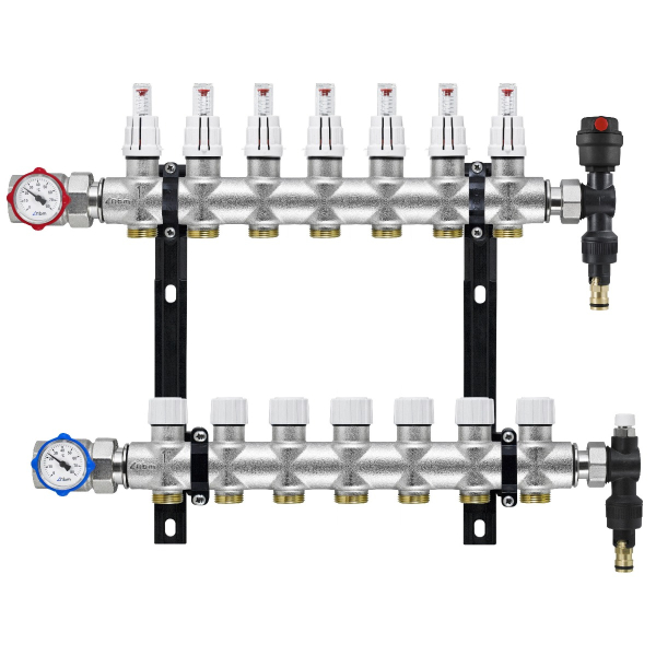 Distribuitor incalzire pardoseala, cu debitmetre, Rbm 2033.06.20, alama, filet interior, 7 cai, 1"