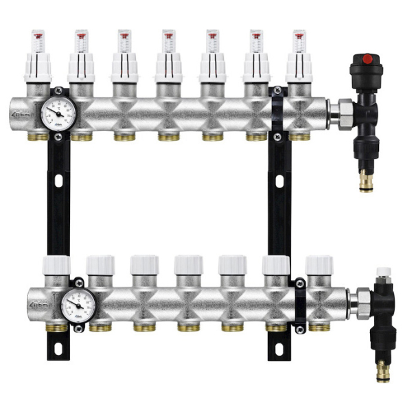 Distribuitor incalzire pardoseala, cu debitmetre, Rbm 2033.06.10, alama, filet interior, 7 cai, 1"