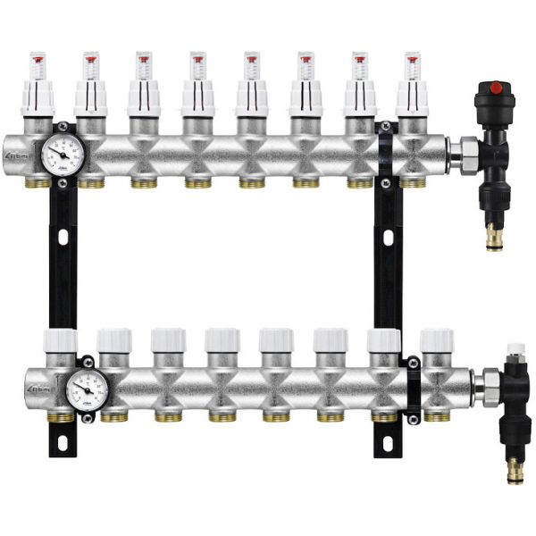 Distribuitor incalzire pardoseala, cu debitmetre, Rbm 2034.06.10, alama, filet interior, 8 cai, 1"