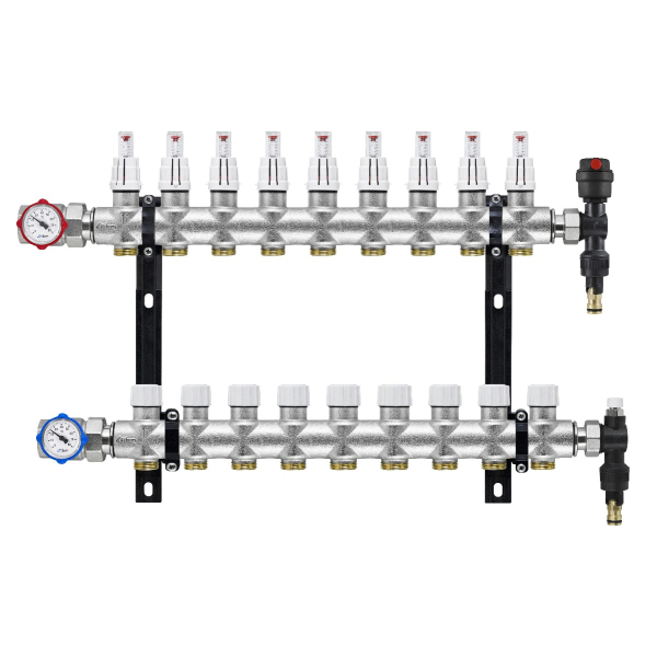 Distribuitor incalzire pardoseala, cu debitmetre, Rbm 2035.06.20, alama, filet interior, 9 cai, 1"